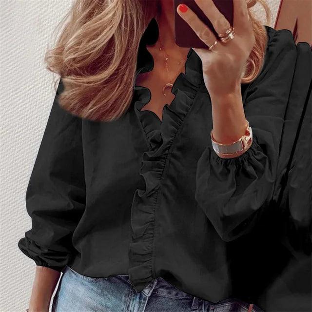 Women's Ruffle V Neck Blouse - Casual Floral Long Sleeve Summer Top
