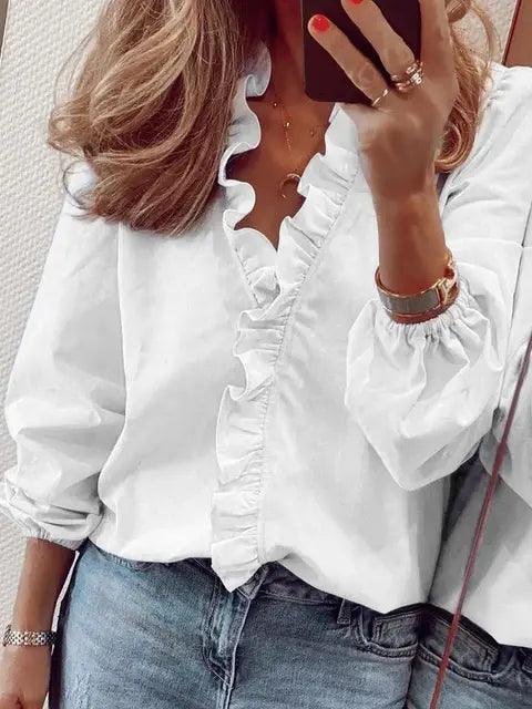 Women's Ruffle V Neck Blouse - Casual Floral Long Sleeve Summer Top