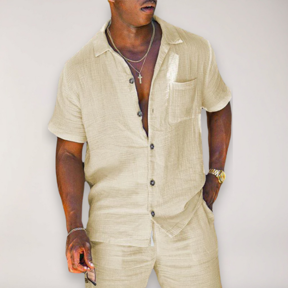 Men's 2 Piece Linen Set - Summer Shirt and Shorts for Beach