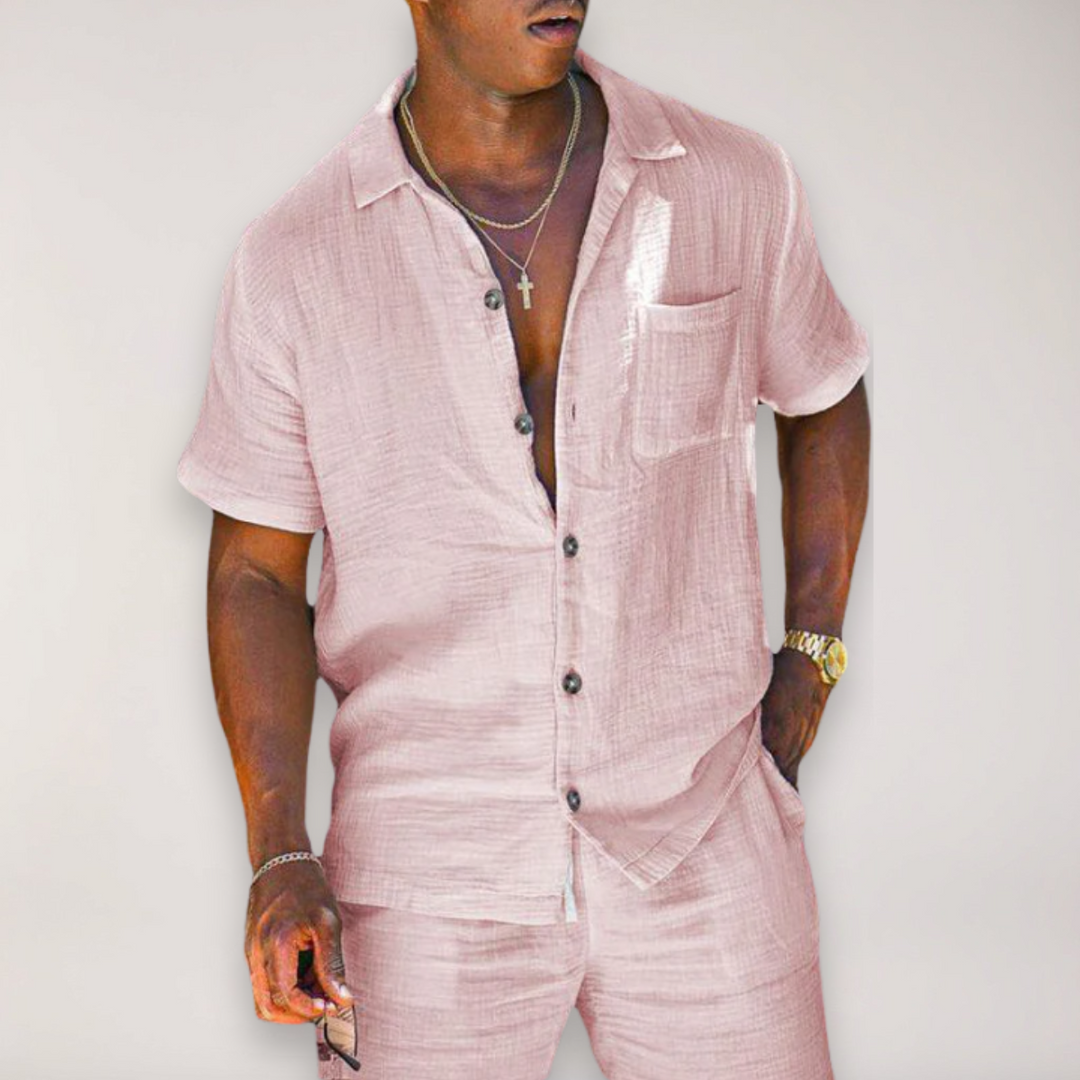 Men's 2 Piece Linen Set - Summer Shirt and Shorts for Beach