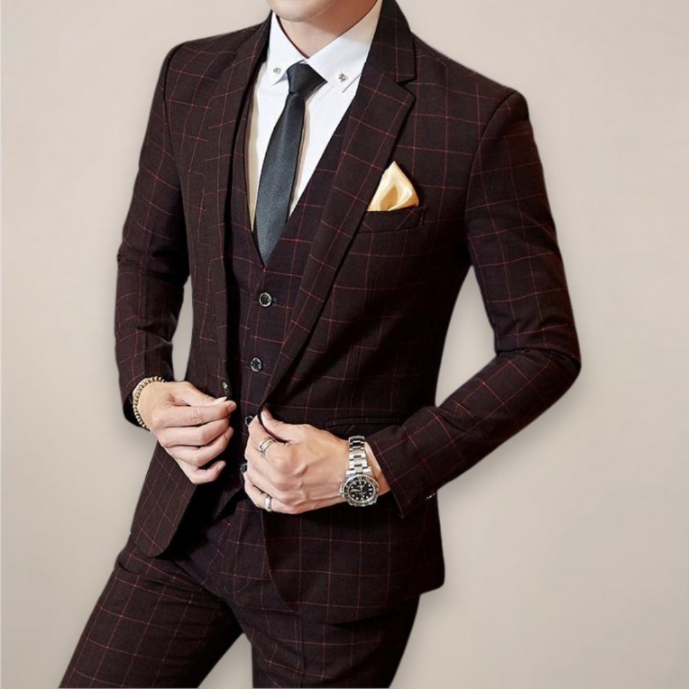 Men's 3 Piece Suit Set - Plaid Blazer Vest and Pants for Work