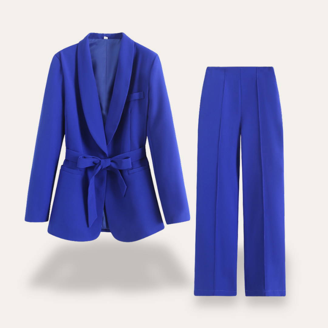 Women's 2 Piece Suit Set - Belted Blazer and Wide Leg Pants