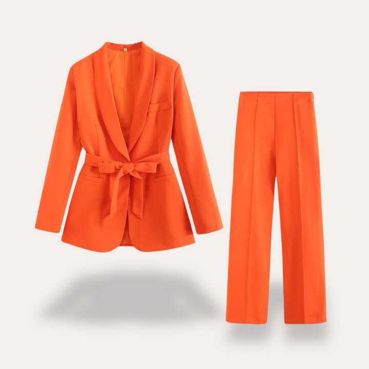 Women's 2 Piece Suit Set - Belted Blazer and Wide Leg Pants