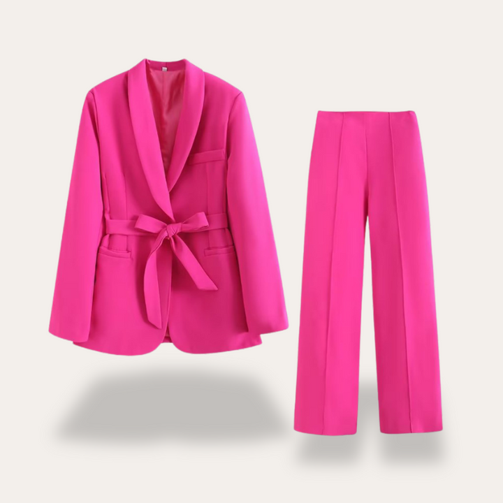 Women's 2 Piece Suit Set - Belted Blazer and Wide Leg Pants