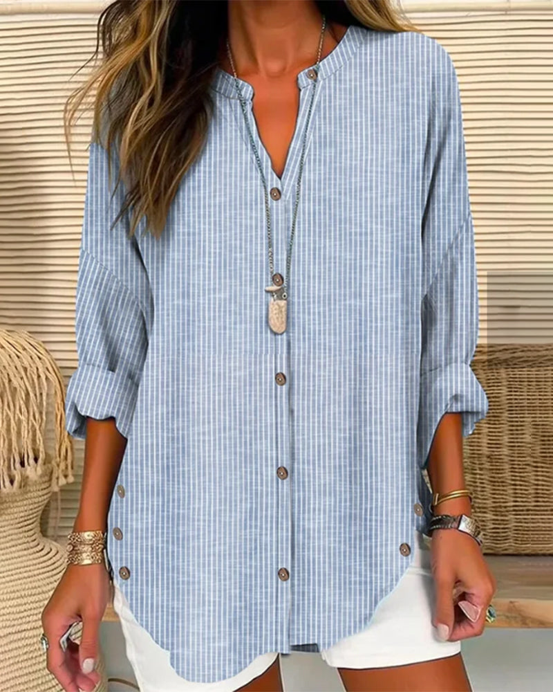 Women's Striped Tunic Blouse - Casual Summer Button Front Top