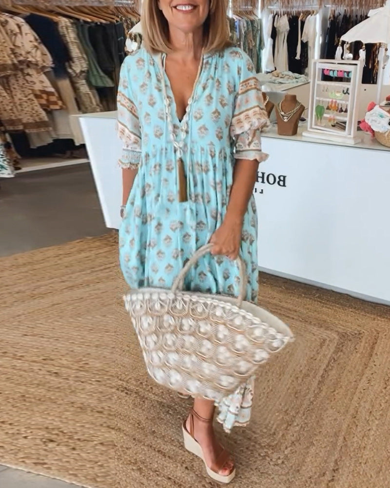 Women's Summer Printed Midi Dress - Boho Casual V Neck Loose Fit