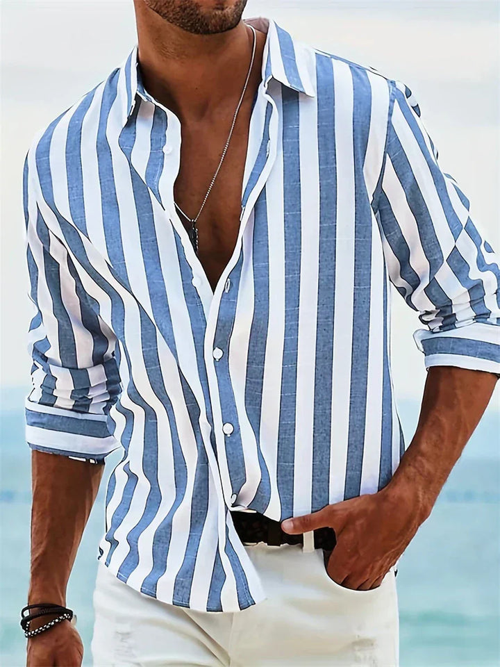 Men's Striped Long Sleeve Shirt - Casual Summer Button Down