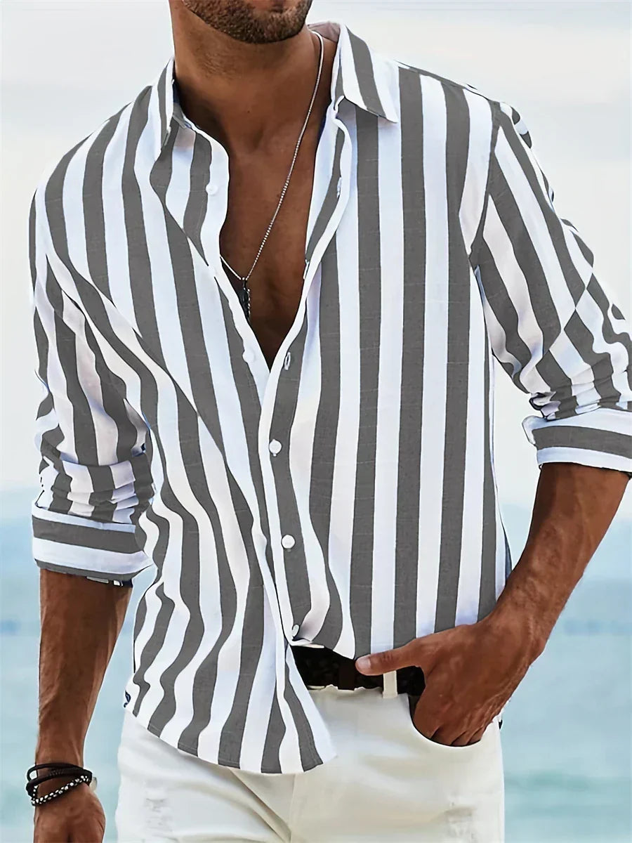 Men's Striped Long Sleeve Shirt - Casual Summer Button Down