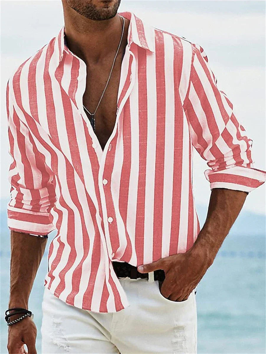 Men's Striped Long Sleeve Shirt - Casual Summer Button Down