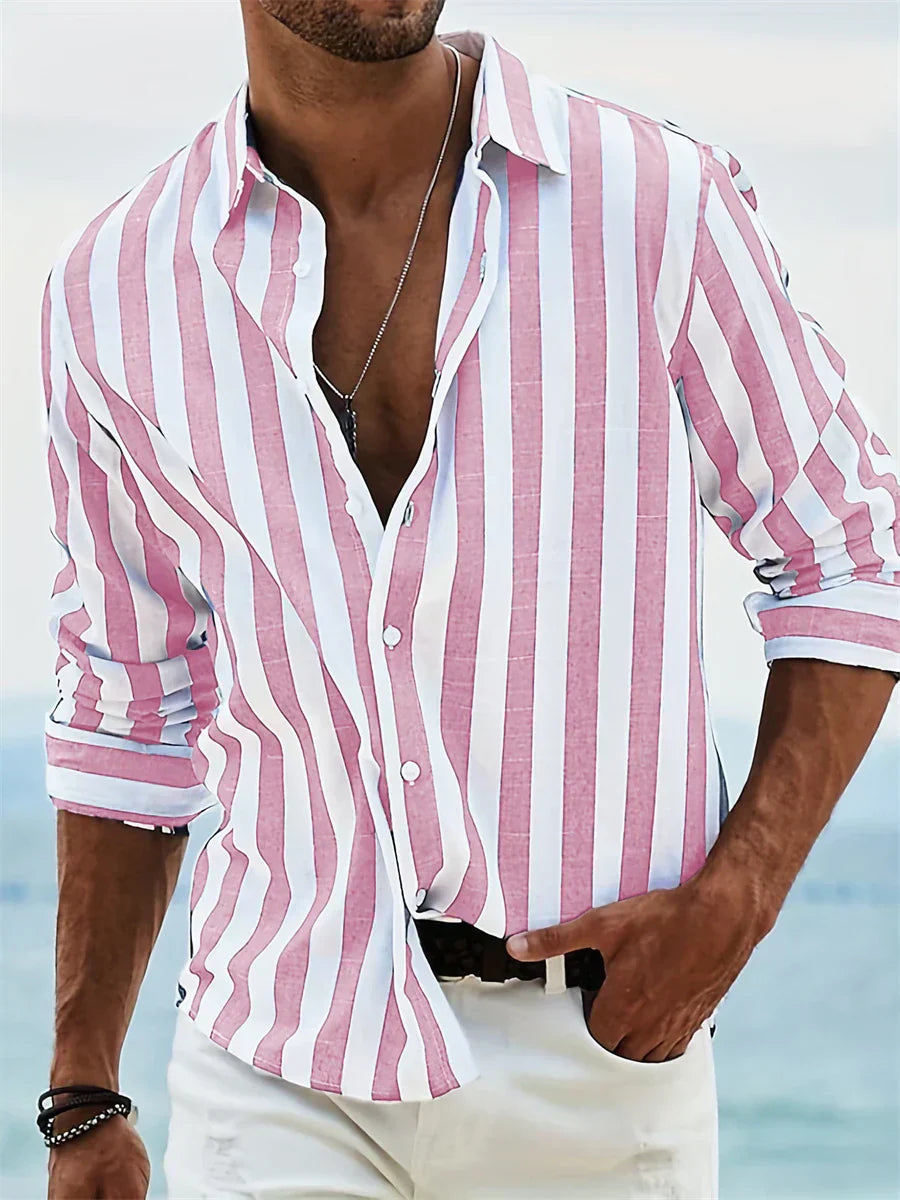 Men's Striped Long Sleeve Shirt - Casual Summer Button Down
