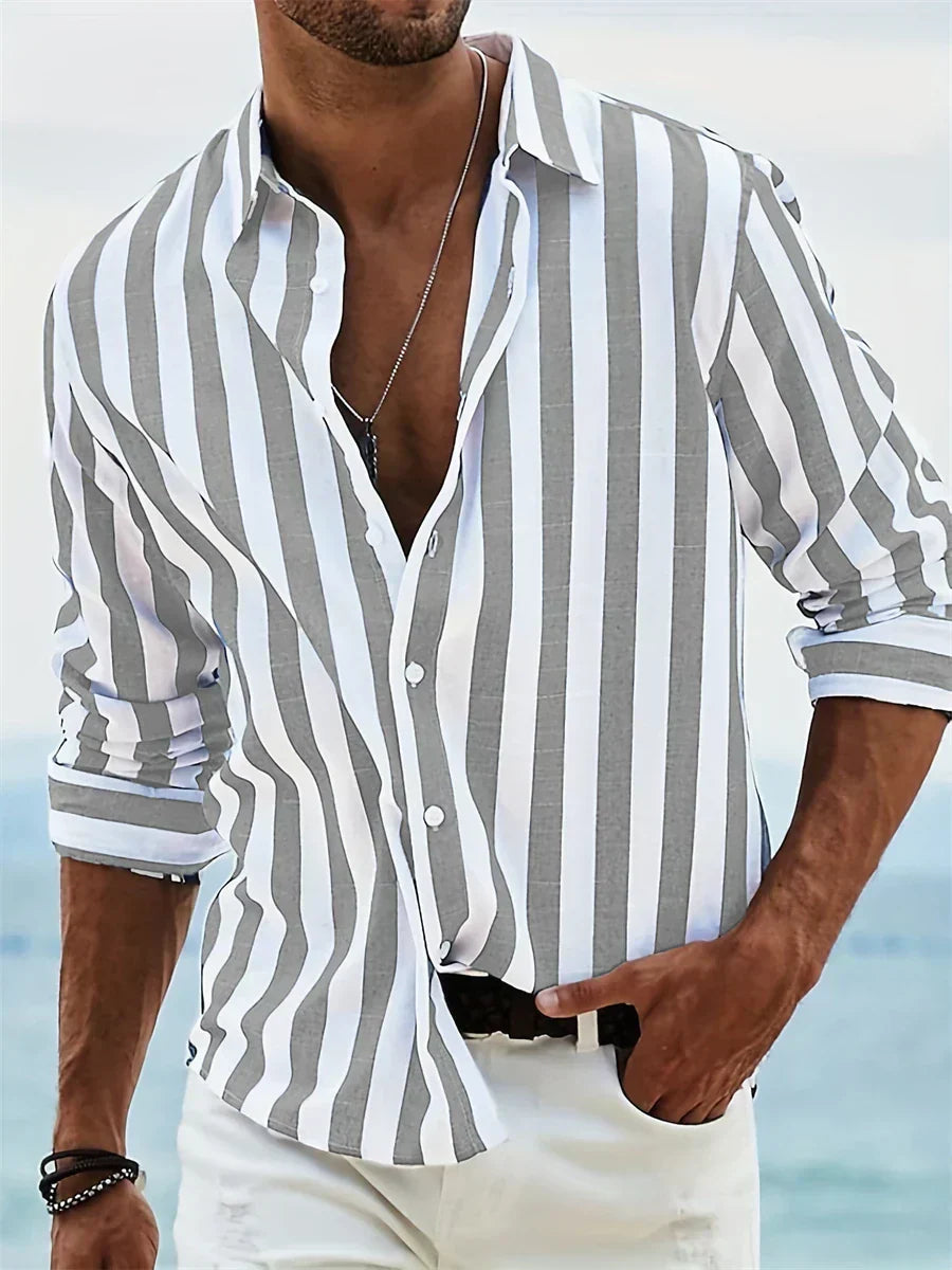 Men's Striped Long Sleeve Shirt - Casual Summer Button Down