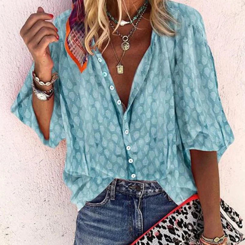 Women's Printed Button Down Blouse - Summer Boho V Neck Top
