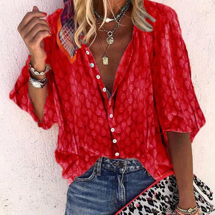 Women's Printed Button Down Blouse - Summer Boho V Neck Top