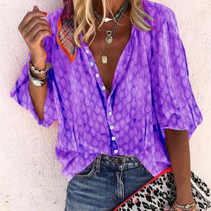 Women's Printed Button Down Blouse - Summer Boho V Neck Top