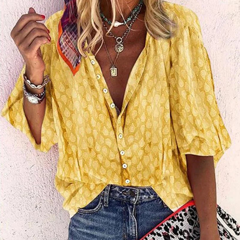 Women's Printed Button Down Blouse - Summer Boho V Neck Top