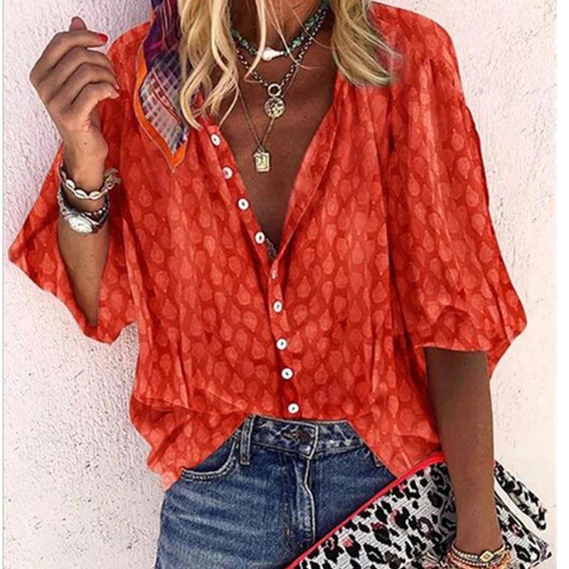 Women's Printed Button Down Blouse - Summer Boho V Neck Top