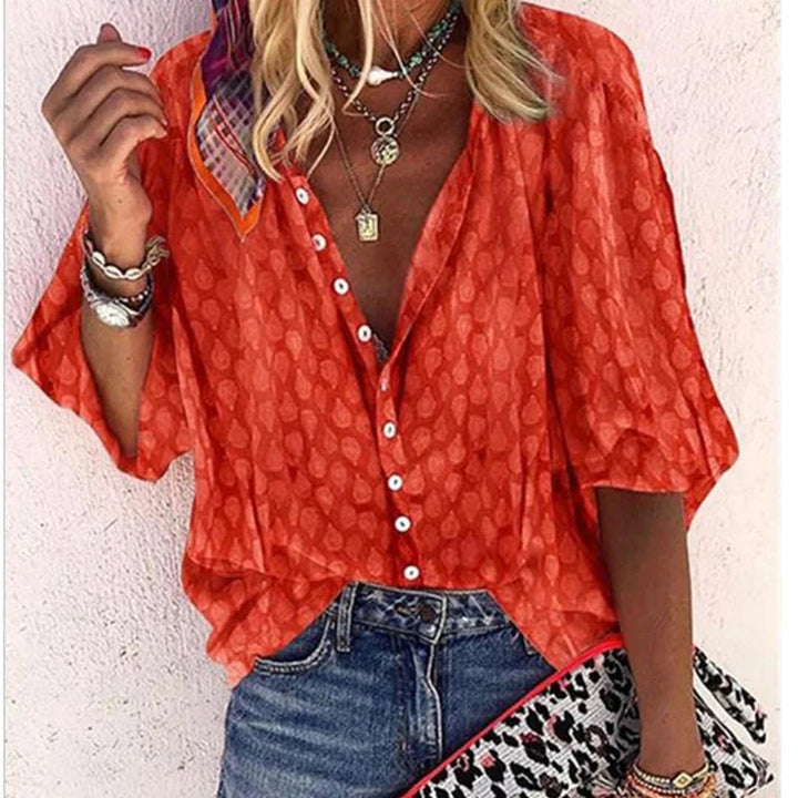 Women's Printed Button Down Blouse - Summer Boho V Neck Top