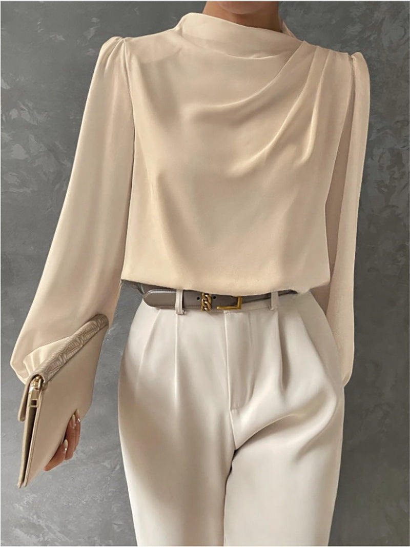 Women's Satin Draped Blouse - Elegant Long Sleeve Work Top