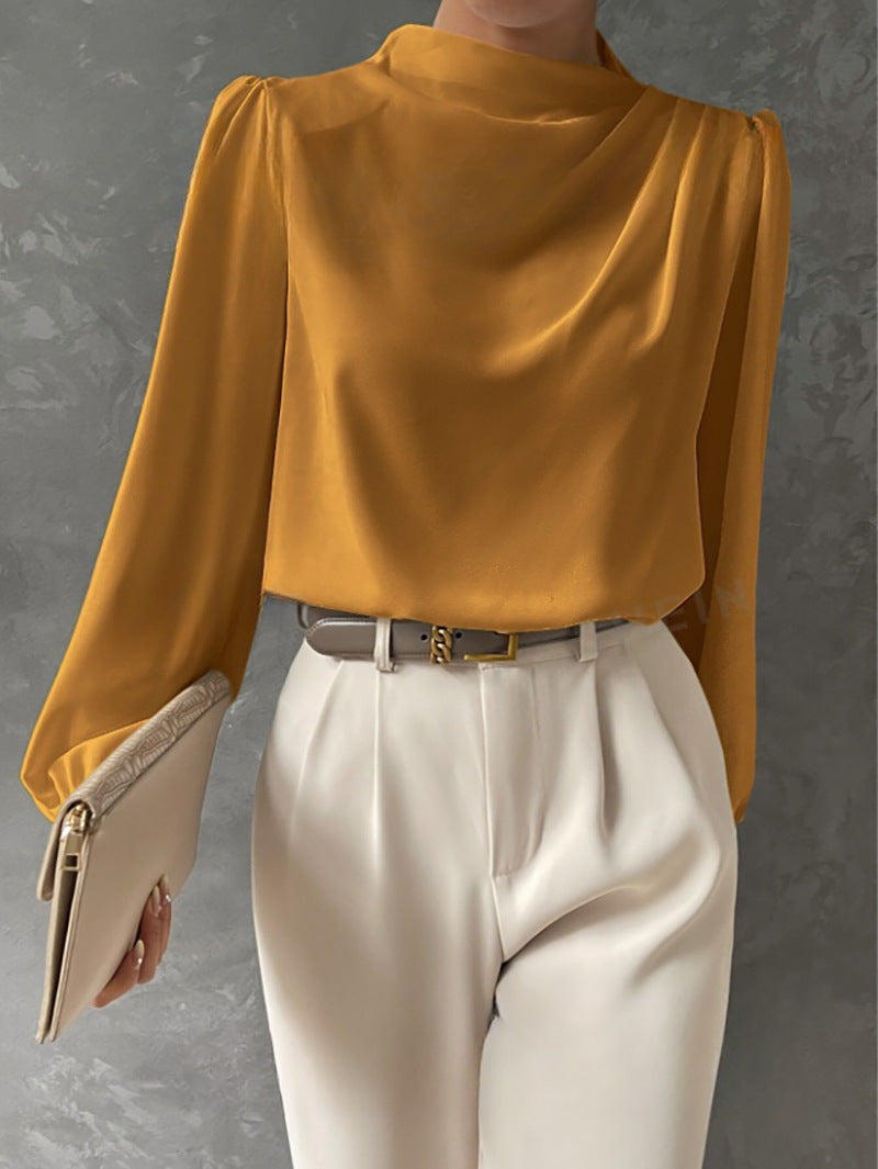Women's Satin Draped Blouse - Elegant Long Sleeve Work Top