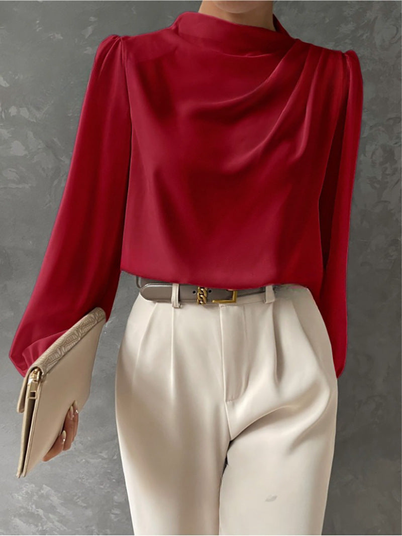 Women's Satin Draped Blouse - Elegant Long Sleeve Work Top