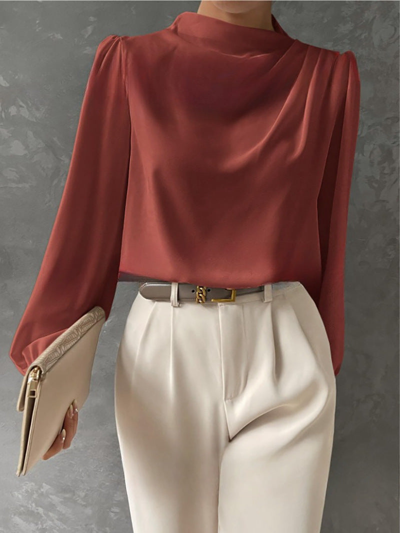 Women's Satin Draped Blouse - Elegant Long Sleeve Work Top