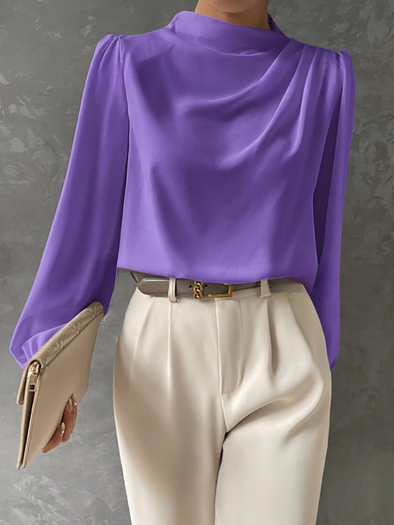 Women's Satin Draped Blouse - Elegant Long Sleeve Work Top