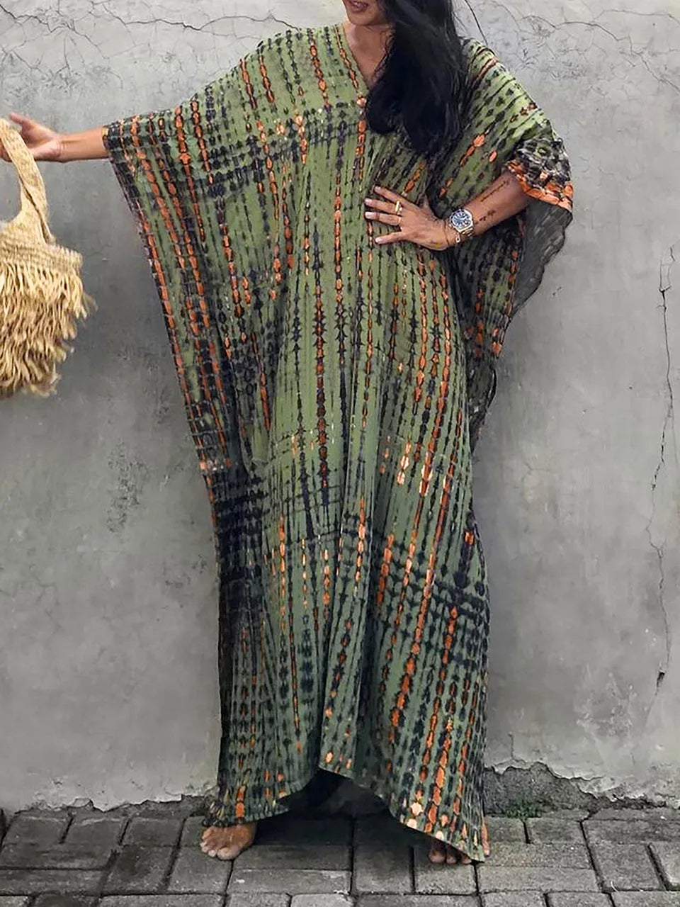 Women's Summer Caftan Maxi Dress - Loose V Neck Casual Boho