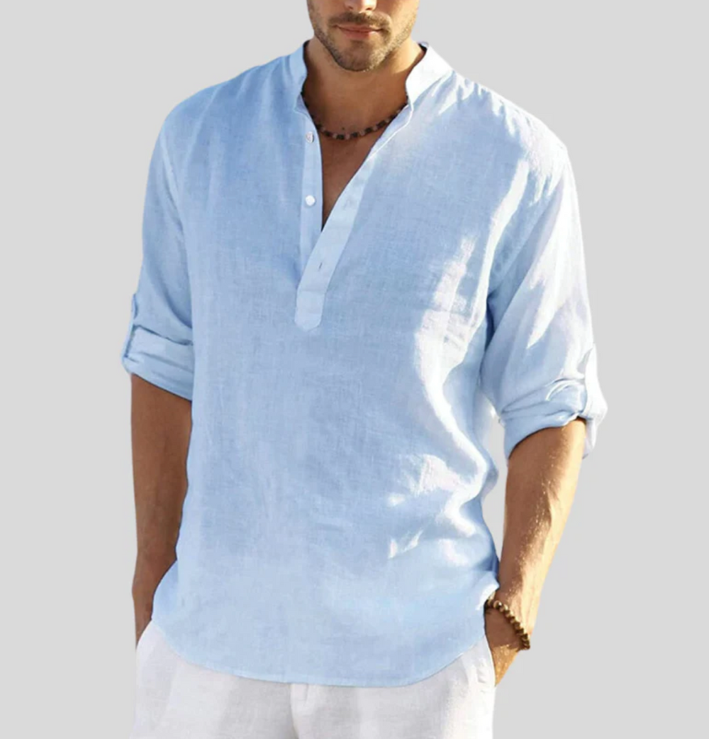 Men's Linen Henley Shirt - Casual Summer Beach Long Sleeve