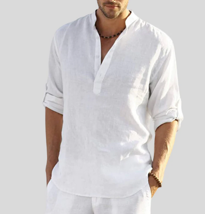 Men's Linen Henley Shirt - Casual Summer Beach Long Sleeve