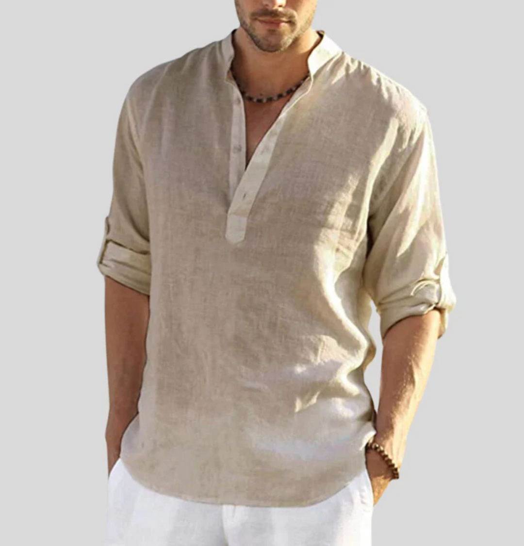Men's Linen Henley Shirt - Casual Summer Beach Long Sleeve