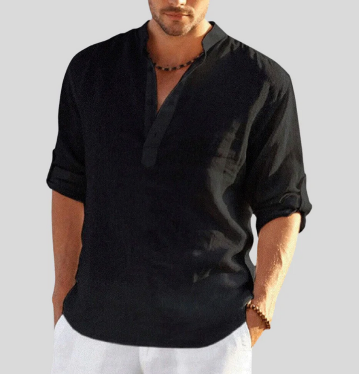Men's Linen Henley Shirt - Casual Summer Beach Long Sleeve