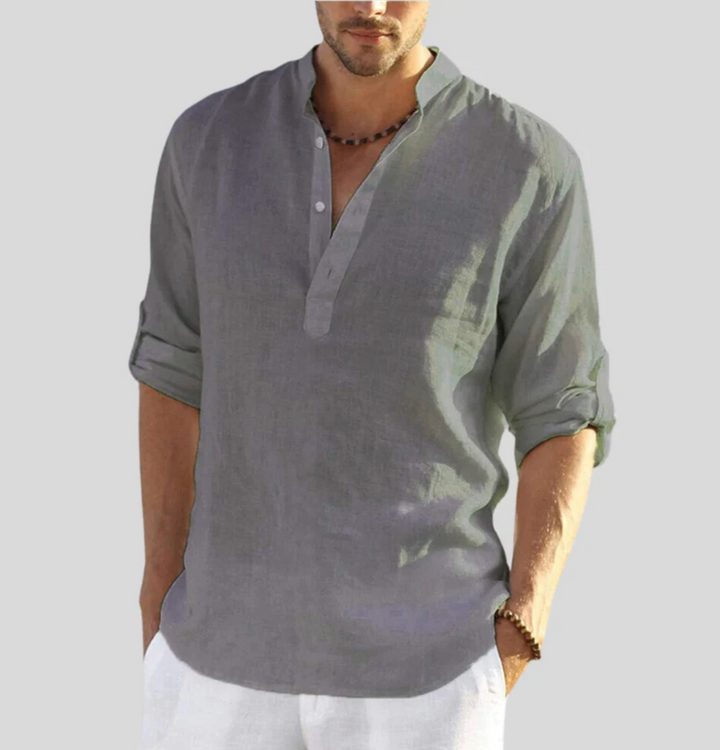 Men's Linen Henley Shirt - Casual Summer Beach Long Sleeve