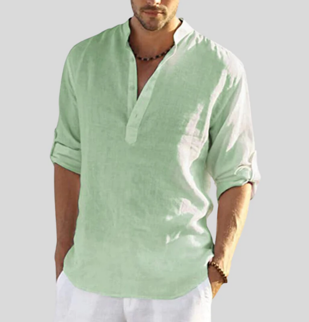 Men's Linen Henley Shirt - Casual Summer Beach Long Sleeve
