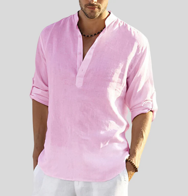 Men's Linen Henley Shirt - Casual Summer Beach Long Sleeve