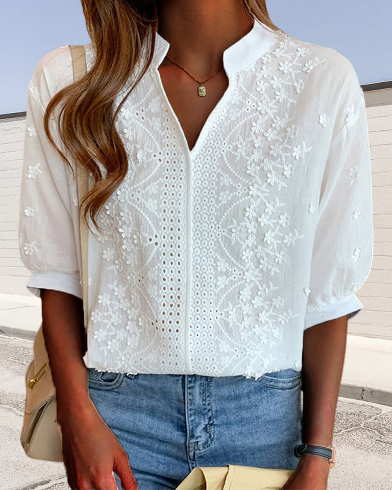 Women's Summer V Neck Blouse - Embroidered Eyelet Puff Sleeve Top