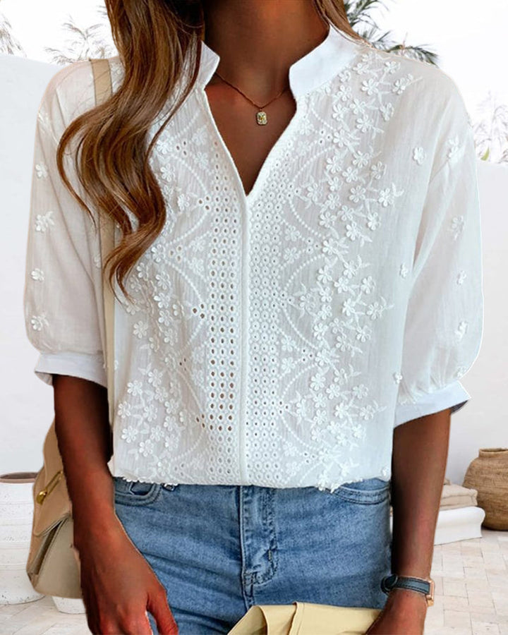 Women's Summer V Neck Blouse - Embroidered Eyelet Puff Sleeve Top