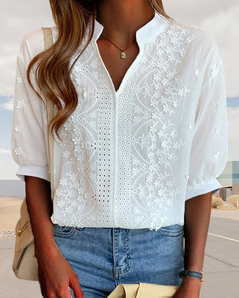 Women's Summer V Neck Blouse - Embroidered Eyelet Puff Sleeve Top