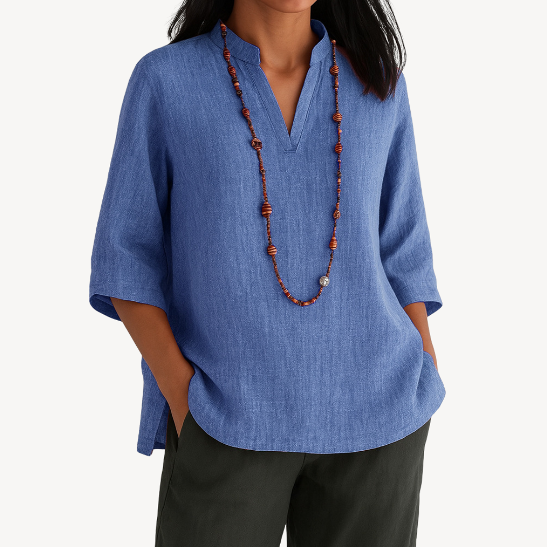 Women's Linen Tunic Top - Summer Casual V Neck Relaxed Fit