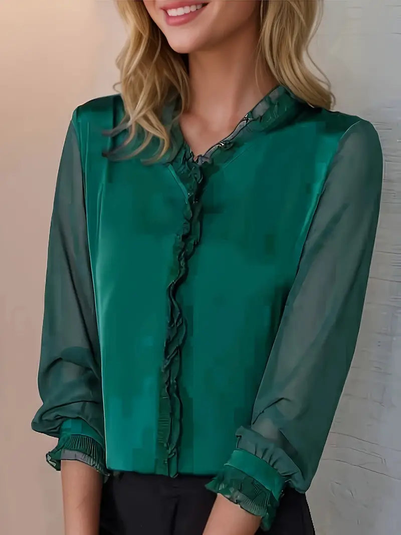 Women's Satin Ruffle Blouse - Elegant Sheer Long Sleeve Work Top