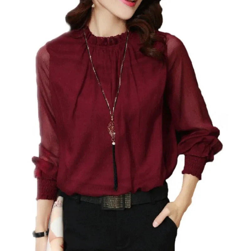 Women's Satin Ruffle Blouse - Elegant Sheer Long Sleeve Work Top