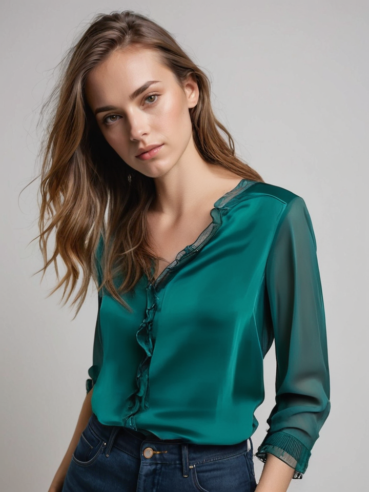 Women's Satin Ruffle Blouse - Elegant Sheer Long Sleeve Work Top