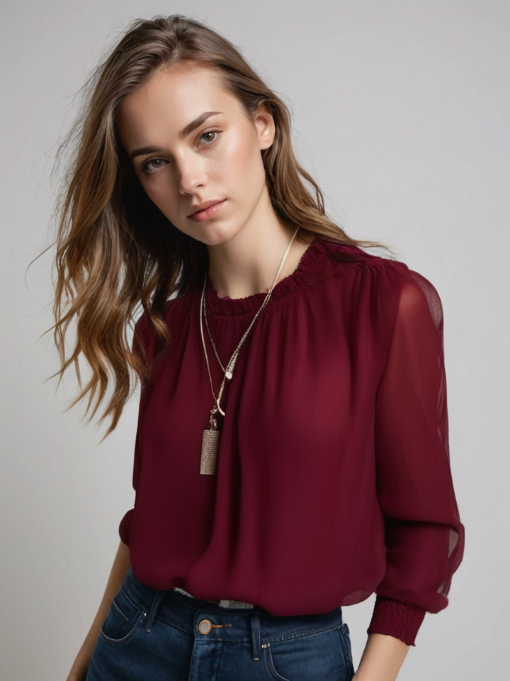 Women's Satin Ruffle Blouse - Elegant Sheer Long Sleeve Work Top